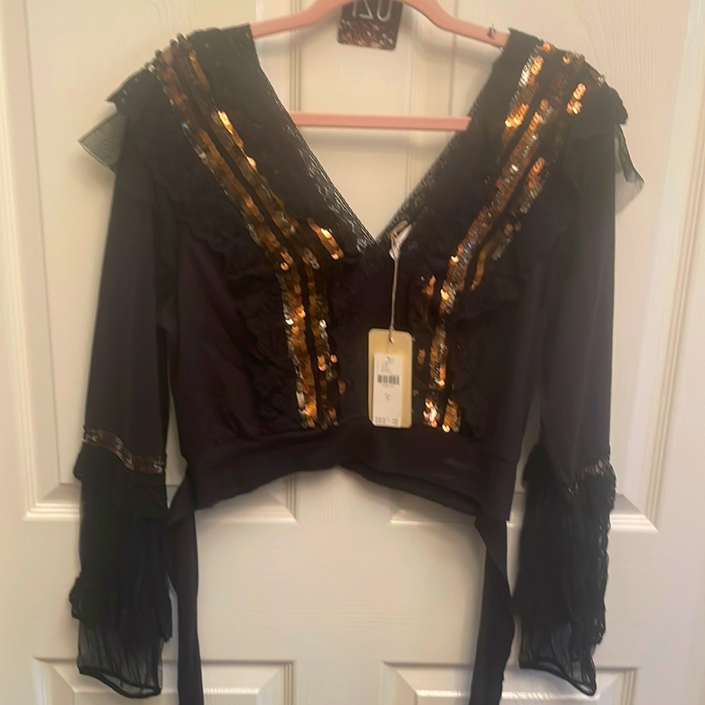 #21 Anthropologie/Letmebe Black Gold/Silver Sequence Top